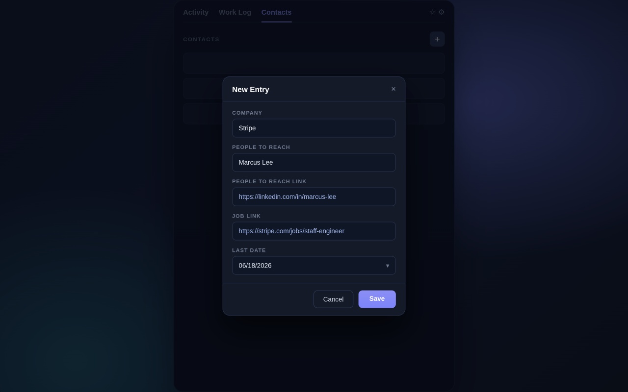 New Entry dialog — company, people to reach, links, date