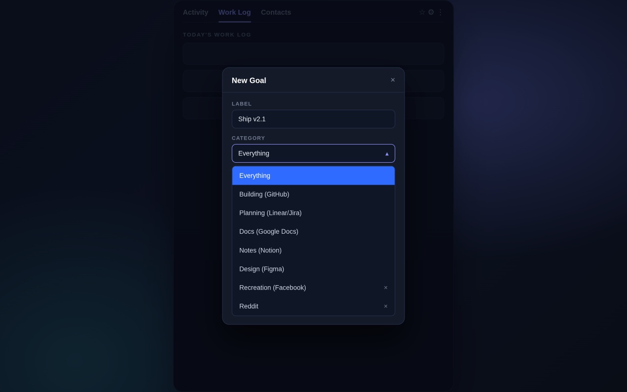 New Goal dialog — label, category dropdown