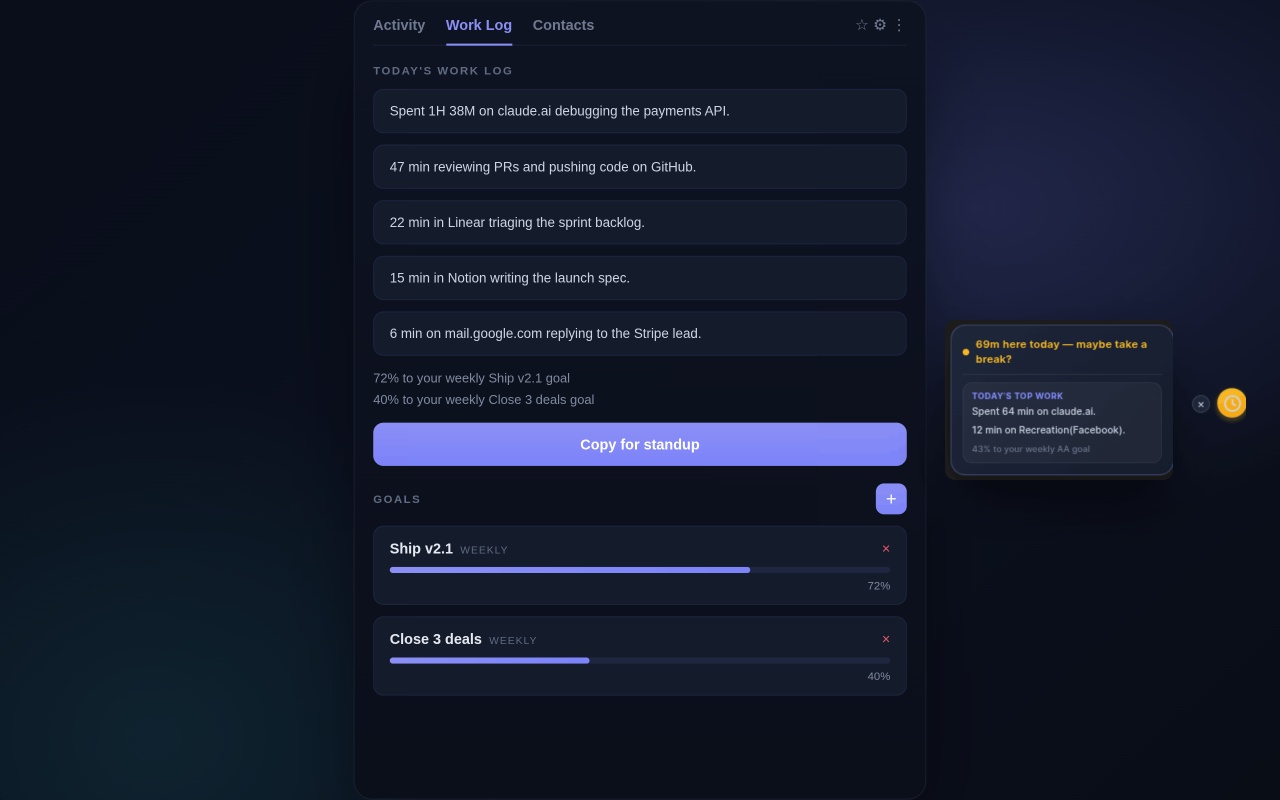 Work Log tab — today's bullets, Copy for standup, weekly goal progress, and the live time pill